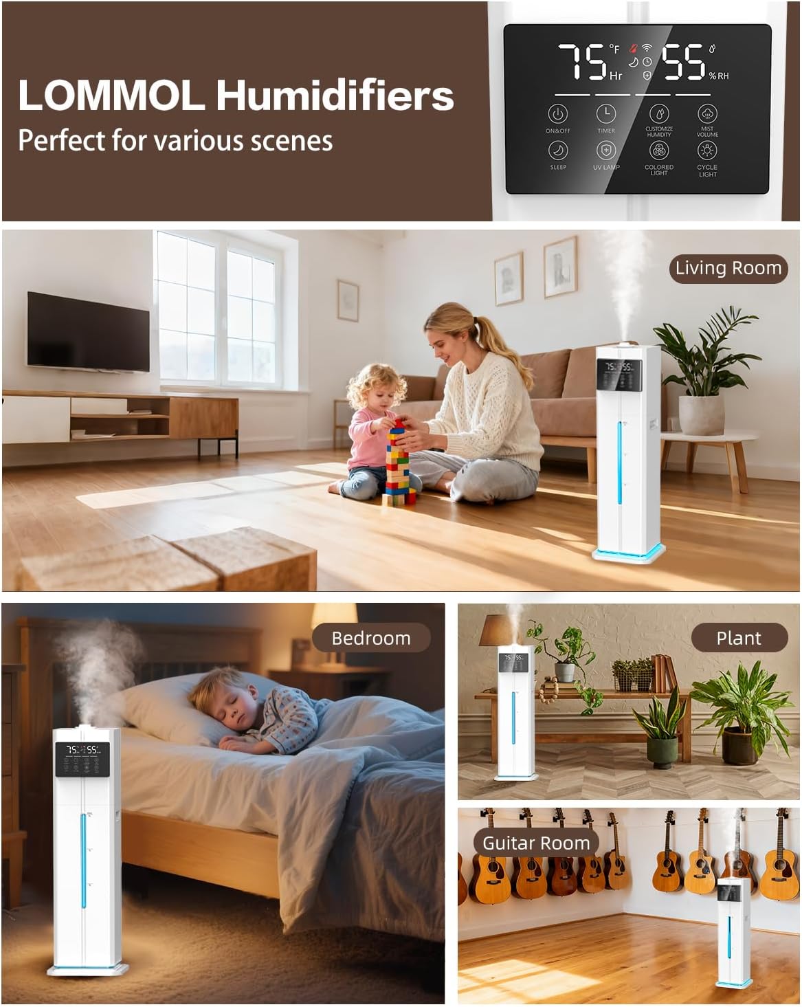 Cool Mist Humidifiers for Bedroom, Ultrasonic 2.4Gal 9L Quiet Top-Fill, Easy Clean with Essential Oil Tray, 360°Nozzle, 4 Speed, Remote, 60H Runtime, for Baby, Adults, Plants, Home, House, Large Room